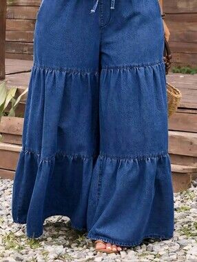 Wide-Leg Tiered Denim Jeans - Blue Plus Size 6x / 24w - 26w